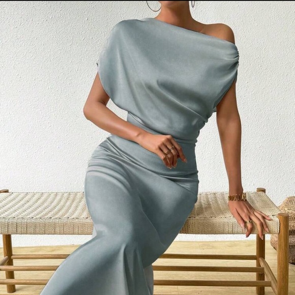 Dresses & Skirts - Asymmetrical Neckline Elegant Satin Dress